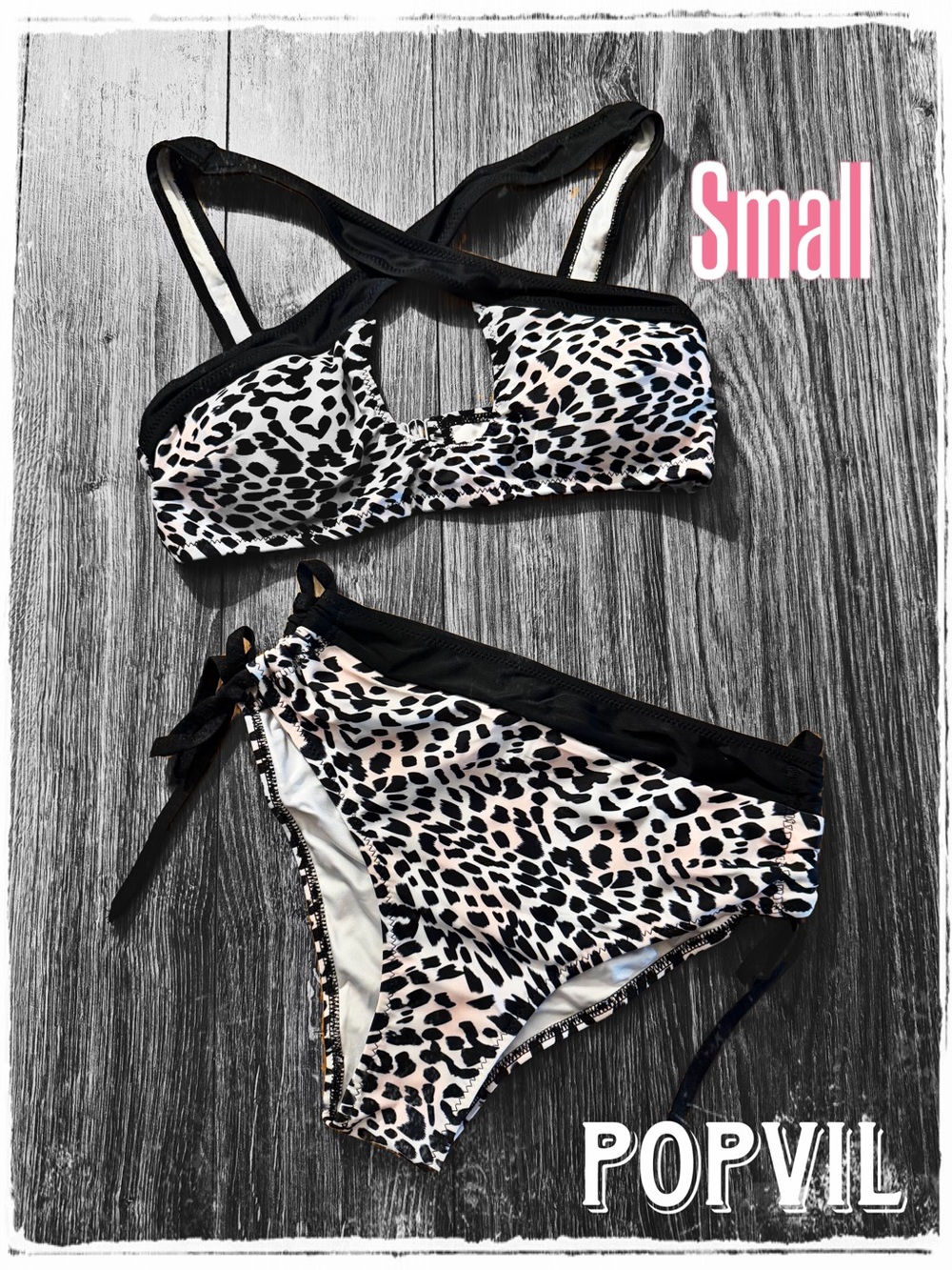 POPVIL Leopard Print Bikini Set in Black and Cream - Small
